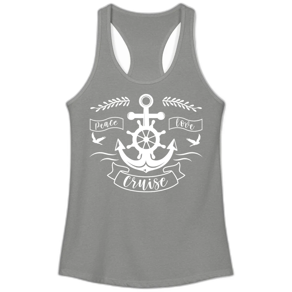 Peace Love Cruise Anchor Ladies Tank Top in Heather Grey