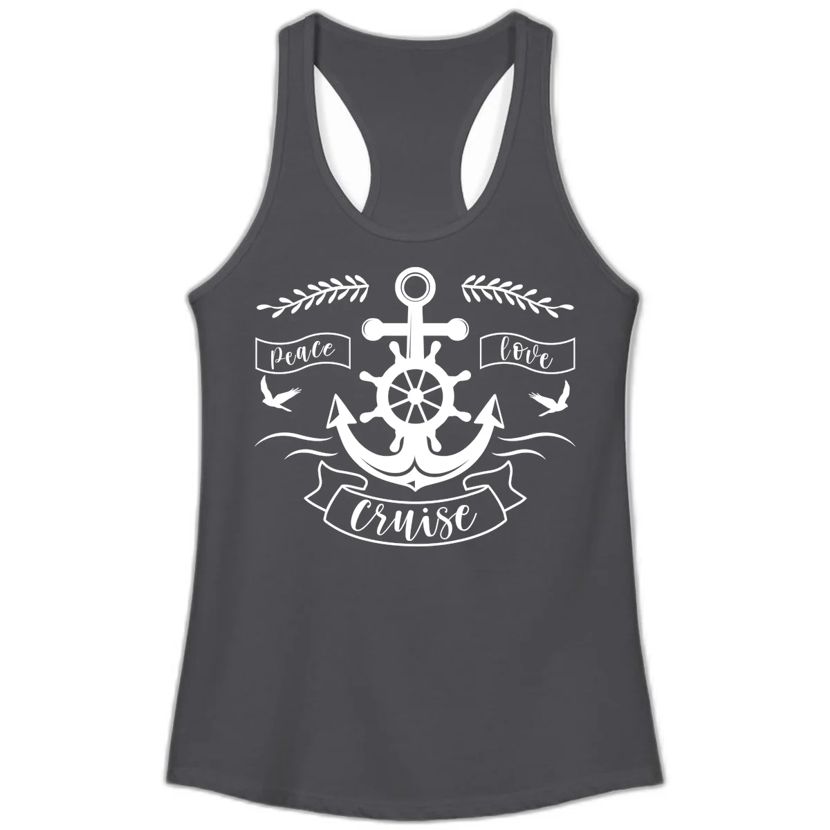 Peace Love Cruise Anchor Ladies Tank Top in Solid Dark Gray