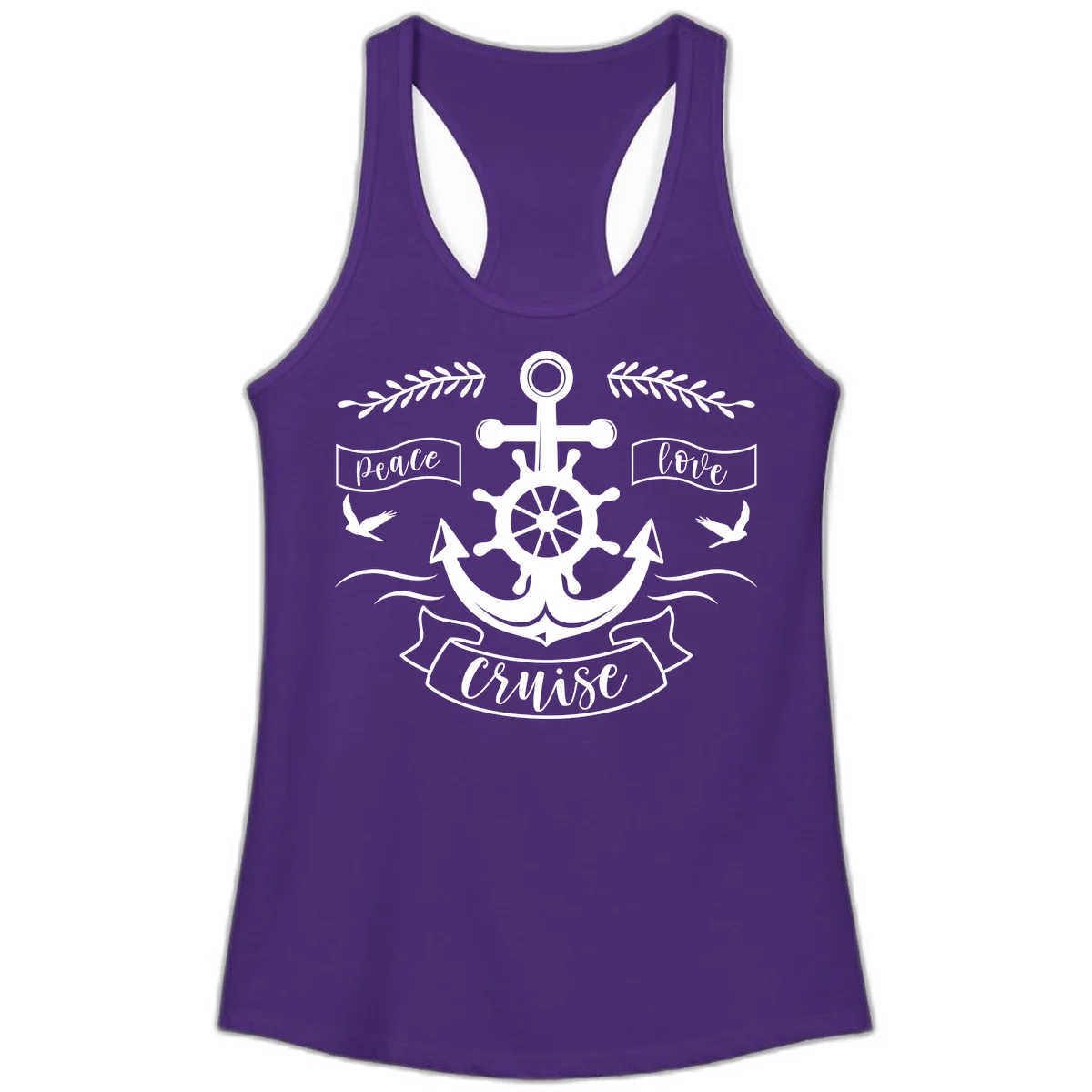Peace Love Cruise Anchor Ladies Tank Top in Solid Purple Rush
