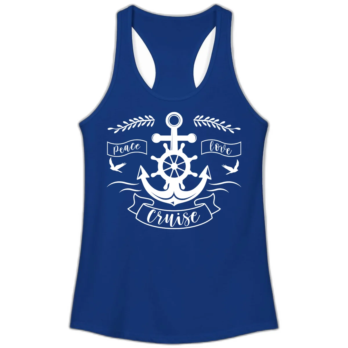 Peace Love Cruise Anchor Ladies Tank Top in Solid Royal