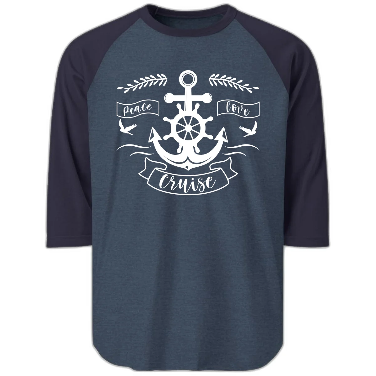 Peace Love Cruise Anchor Raglan 3/4 Sleeve in Heather Denim Navy