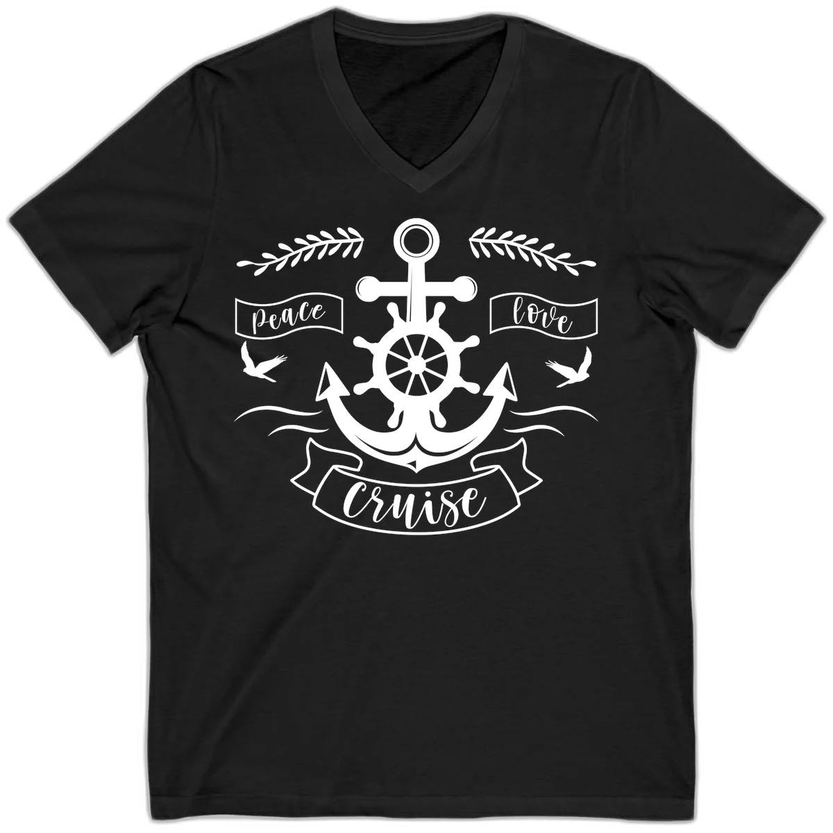 Peace Love Cruise Anchor V-Neck T-Shirt in Black