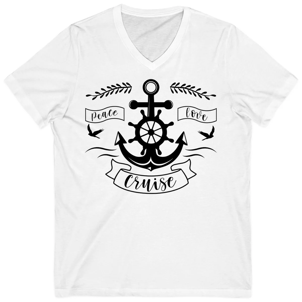 Peace Love Cruise Anchor V-Neck T-Shirt in White