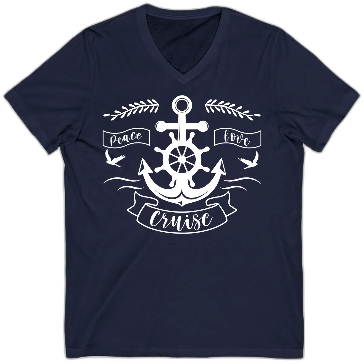 Peace Love Cruise Anchor V-Neck T-Shirt in Navy