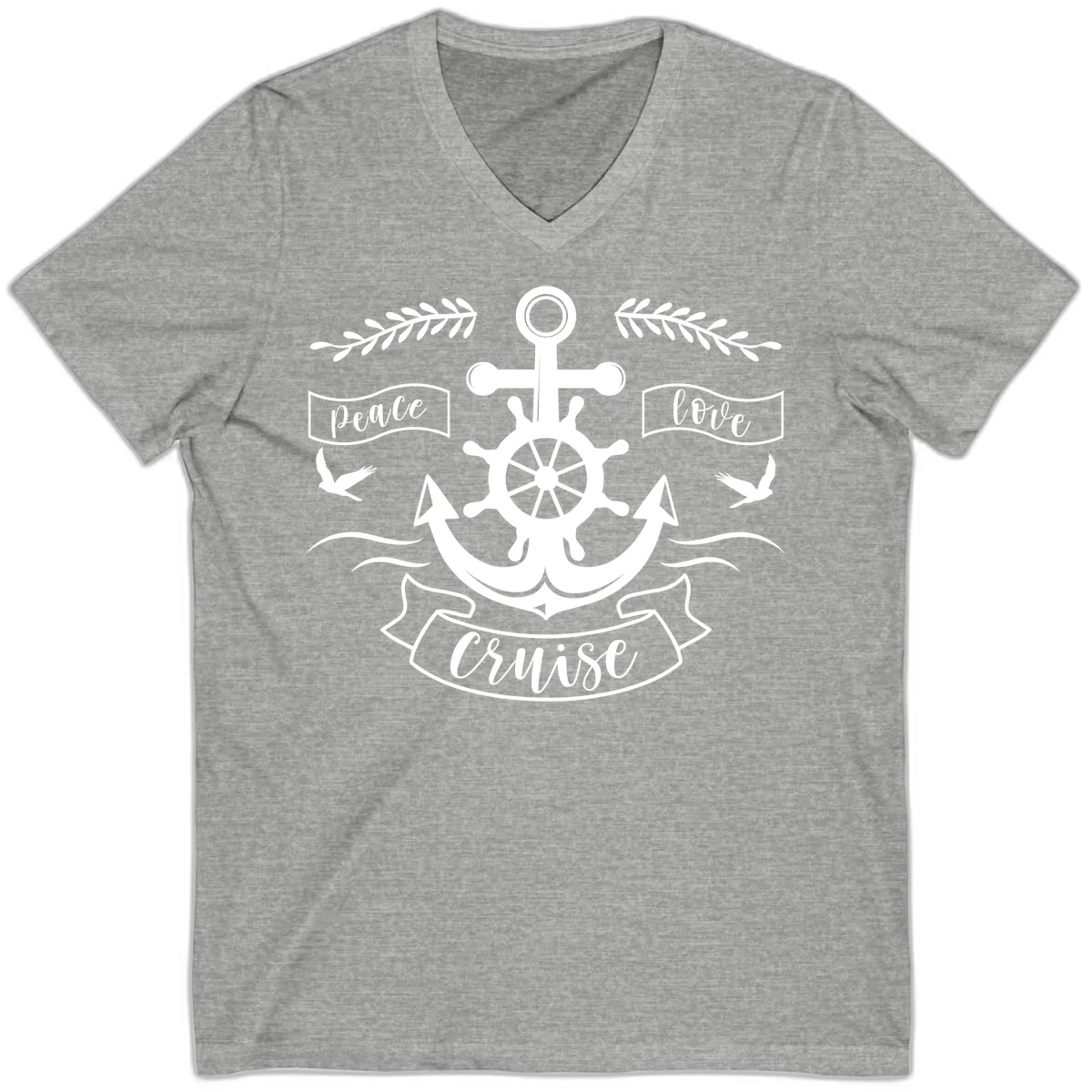 Peace Love Cruise Anchor V-Neck T-Shirt in Athletic Heather