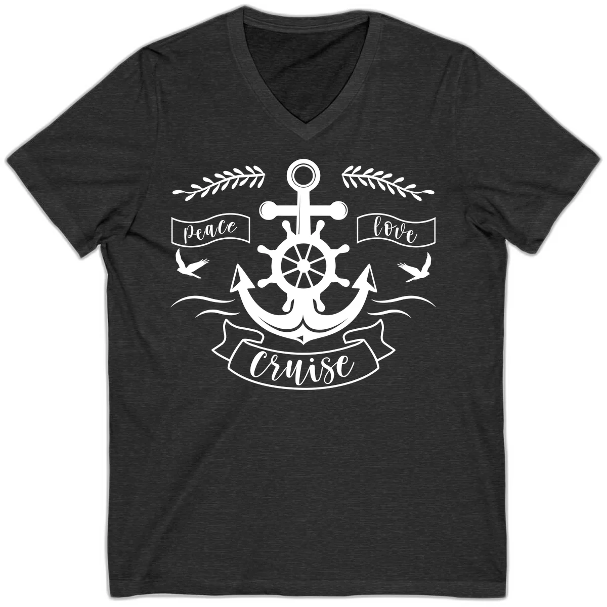 Peace Love Cruise Anchor V-Neck T-Shirt in Dark Grey Heather