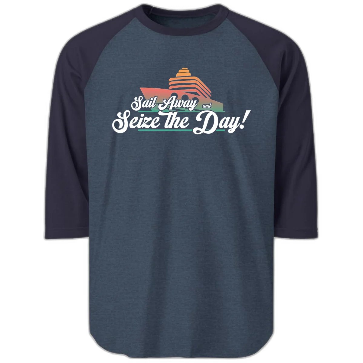 Sail Away and Seize the Day Raglan 3/4 in Heather Denim Navy