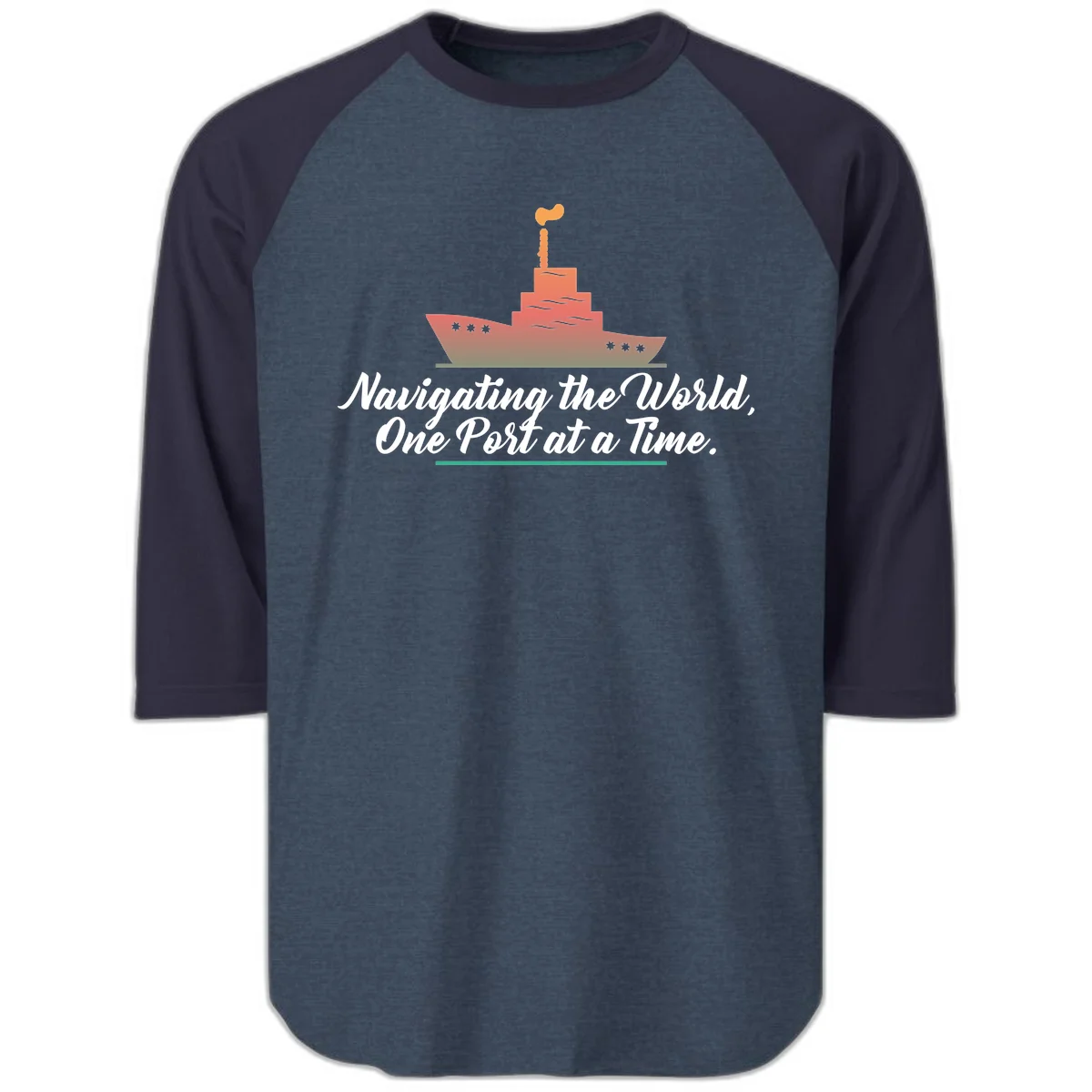 Navigating The World, One Port At A Time Raglan 3/4 in Heather Denim Navy