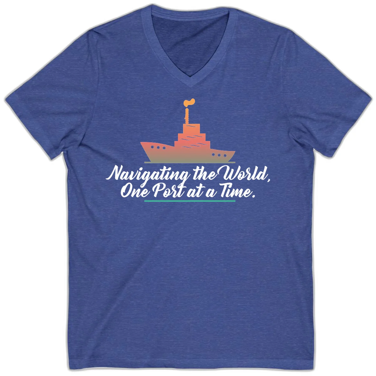 Navigating The World, One Port At A Time V-Neck in Heather True Royal
