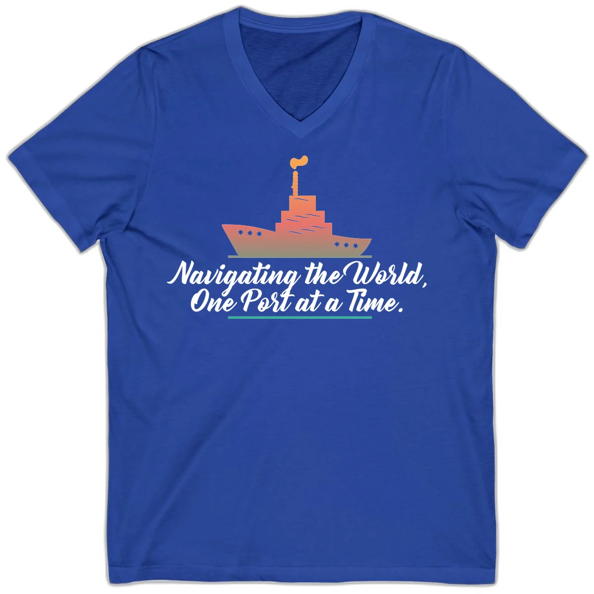 Navigating The World, One Port At A Time V-Neck in True Royal