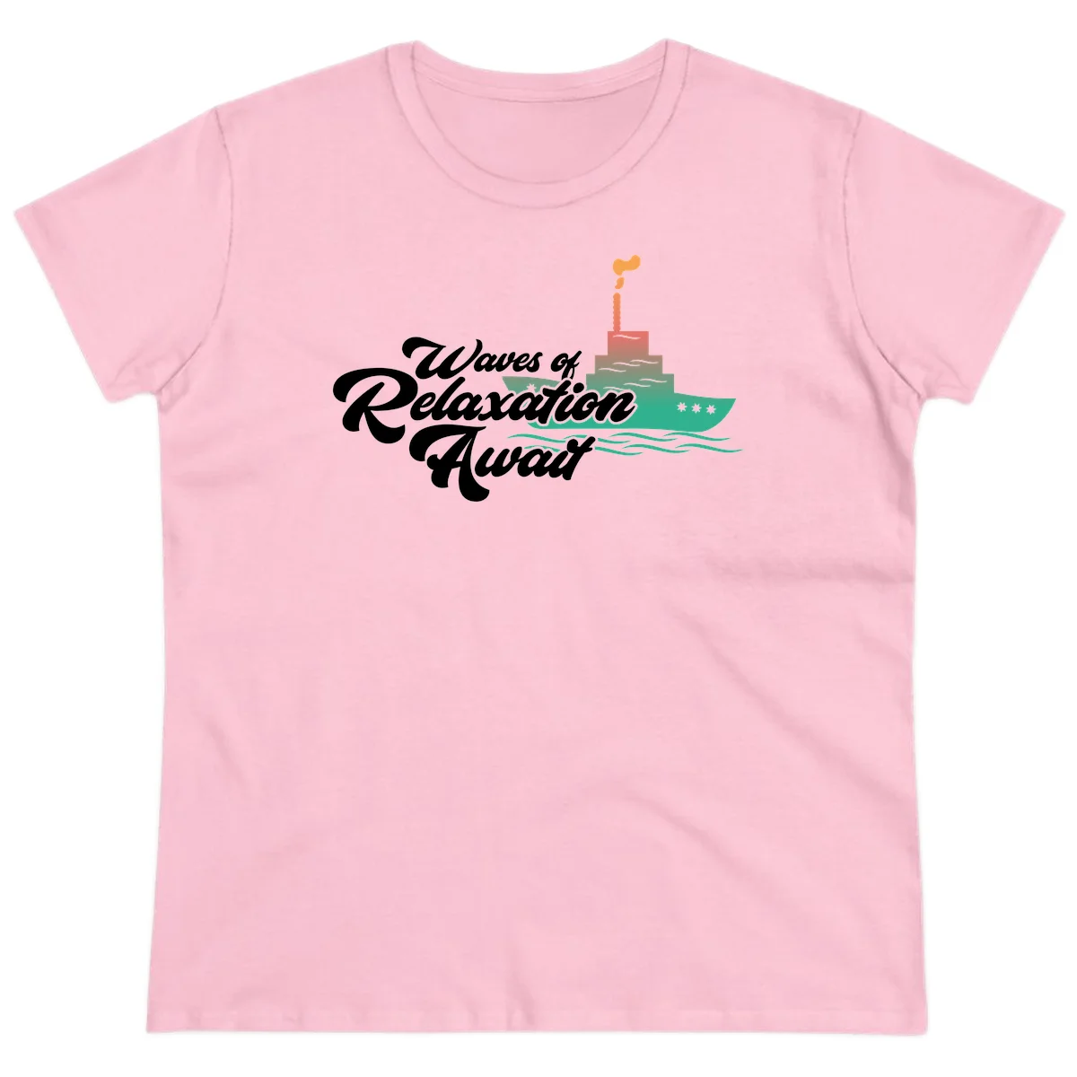 Waves Of Relaxation Await Ladies Tee in Light Pink