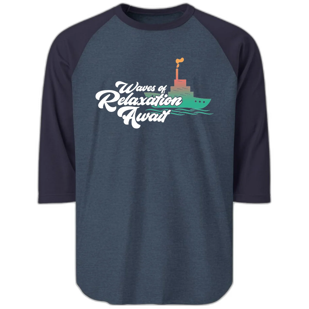 Waves Of Relaxation Await Raglan 3/4 in Heather Denim Navy