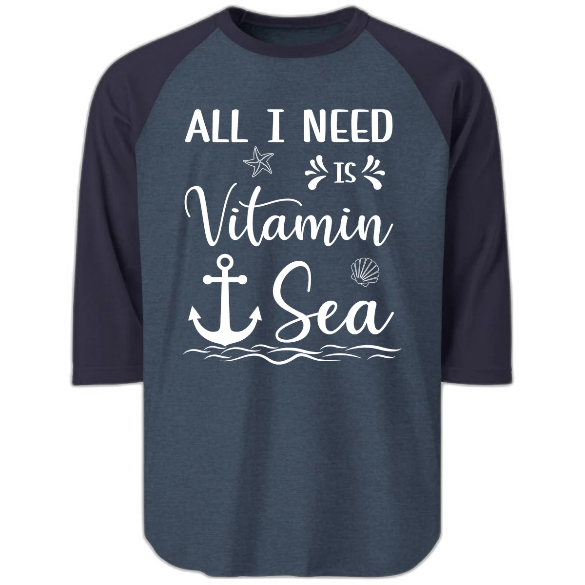 All I Need Is Vitamin Sea Cruise Raglan 3/4 Tee in Heather Denim Navy