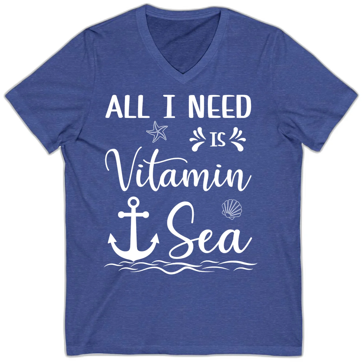 All I Need Is Vitamin Sea Cruise V-Neck Tee in Heather True Royal