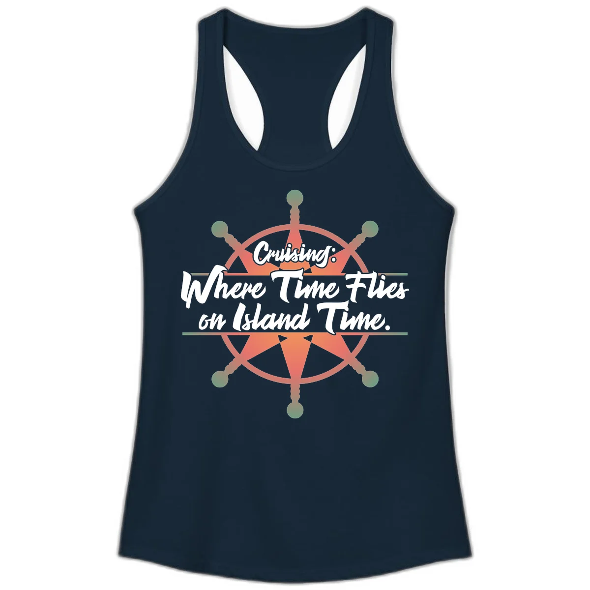 Cruising: Where Time Flies on Island Time Ladies Tank in Solid Midnight Navy