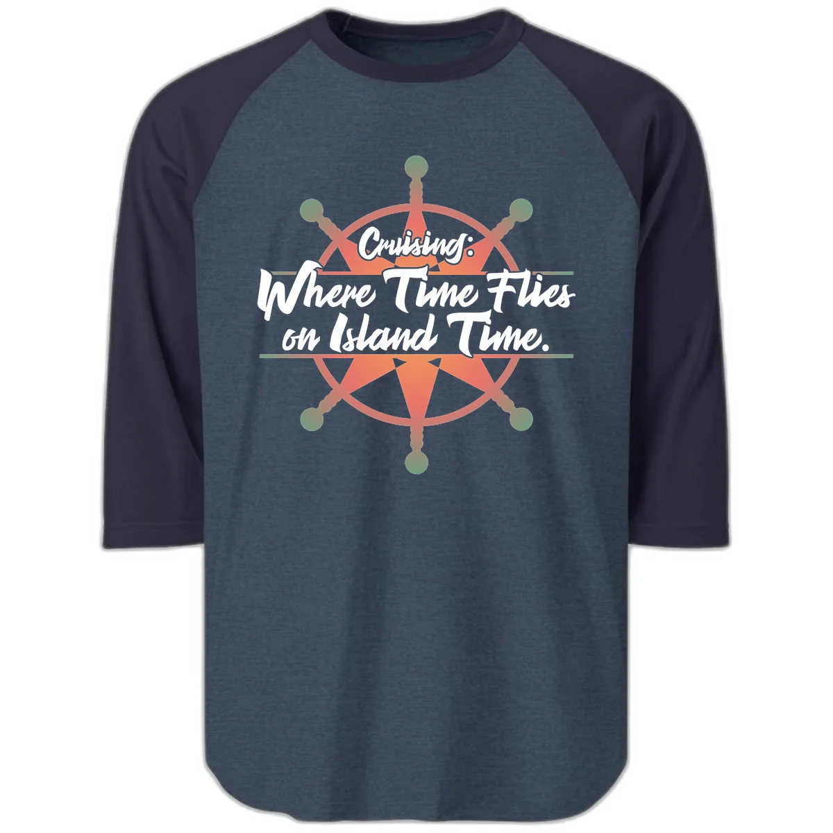 Cruising: Where Time Flies on Island Time Raglan 3/4 in Heather Denim Navy