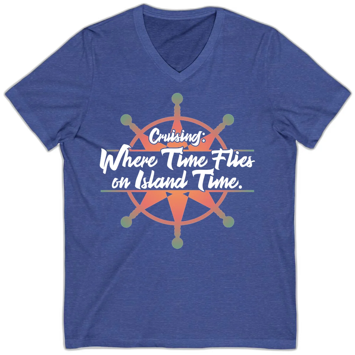 Cruising: Where Time Flies on Island Time V-Neck in Heather True Royal