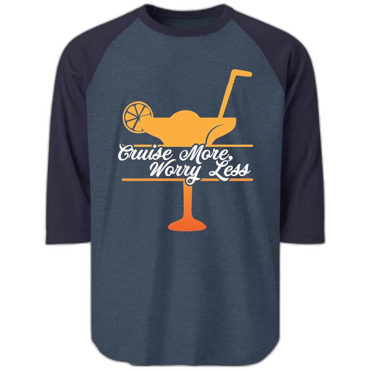 Cruise More, Worry Less Raglan 3/4 Sleeve in Heather Denim Navy