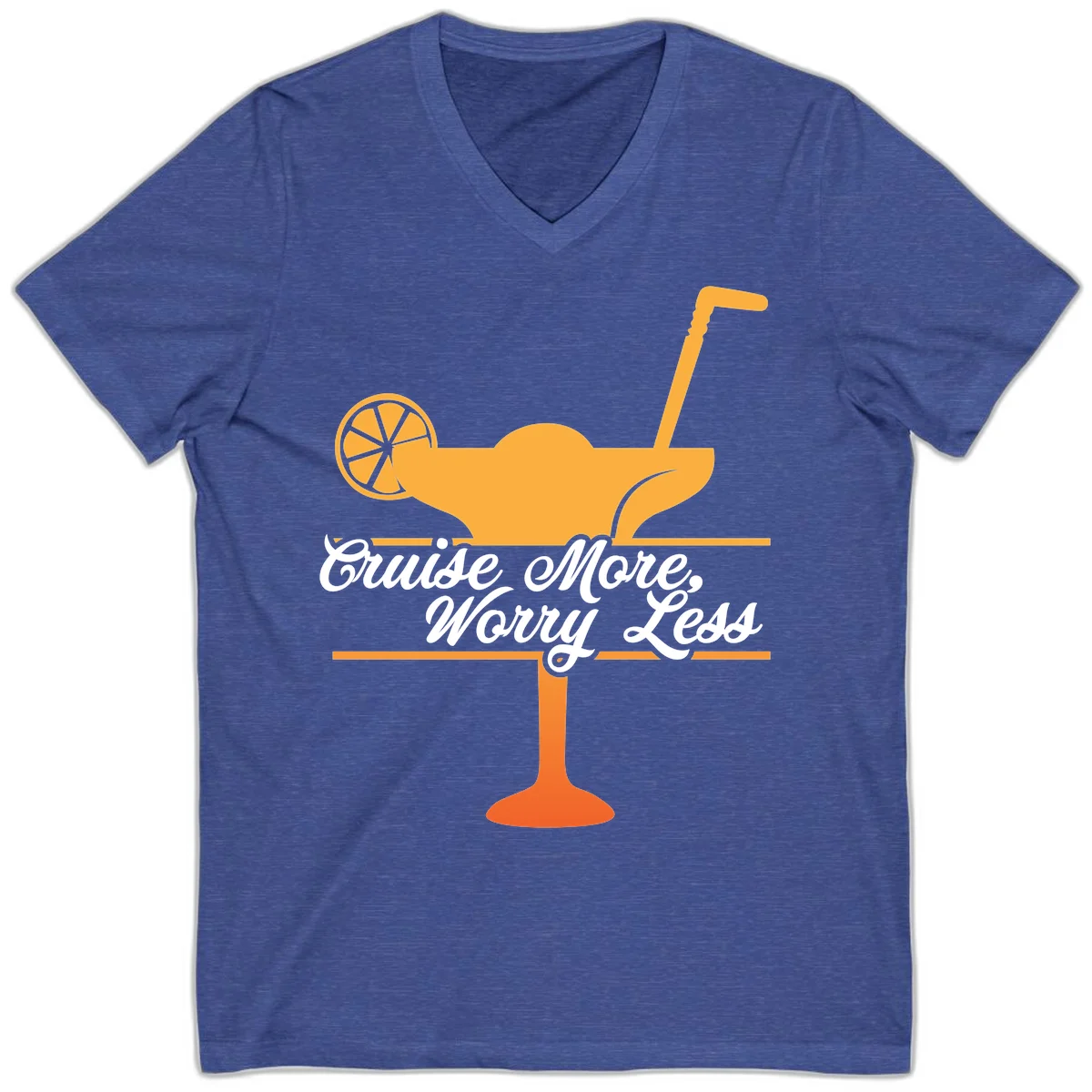Cruise More, Worry Less V-Neck Tee in Heather True Royal