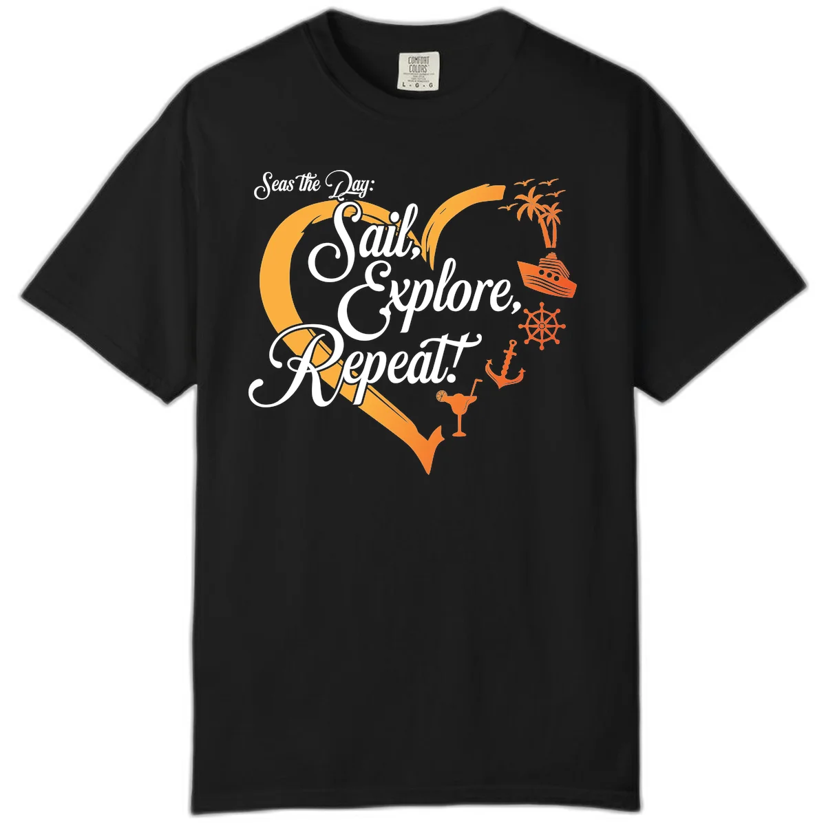 Seas The Day: Sail, Explore, Repeat Comfort Color Tee in Black