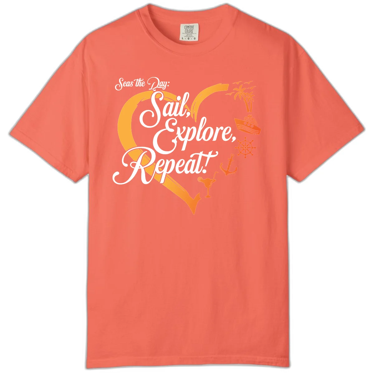 Seas The Day: Sail, Explore, Repeat Comfort Color Tee in Bright Salmon