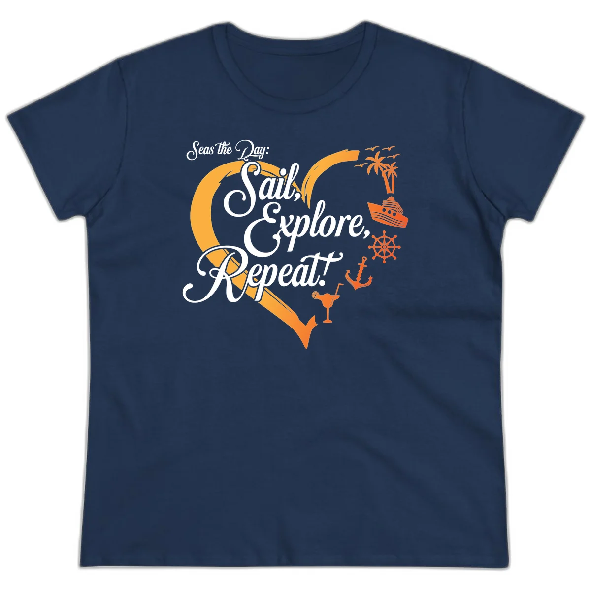Seas The Day: Sail, Explore, Repeat Ladies Tee in Navy