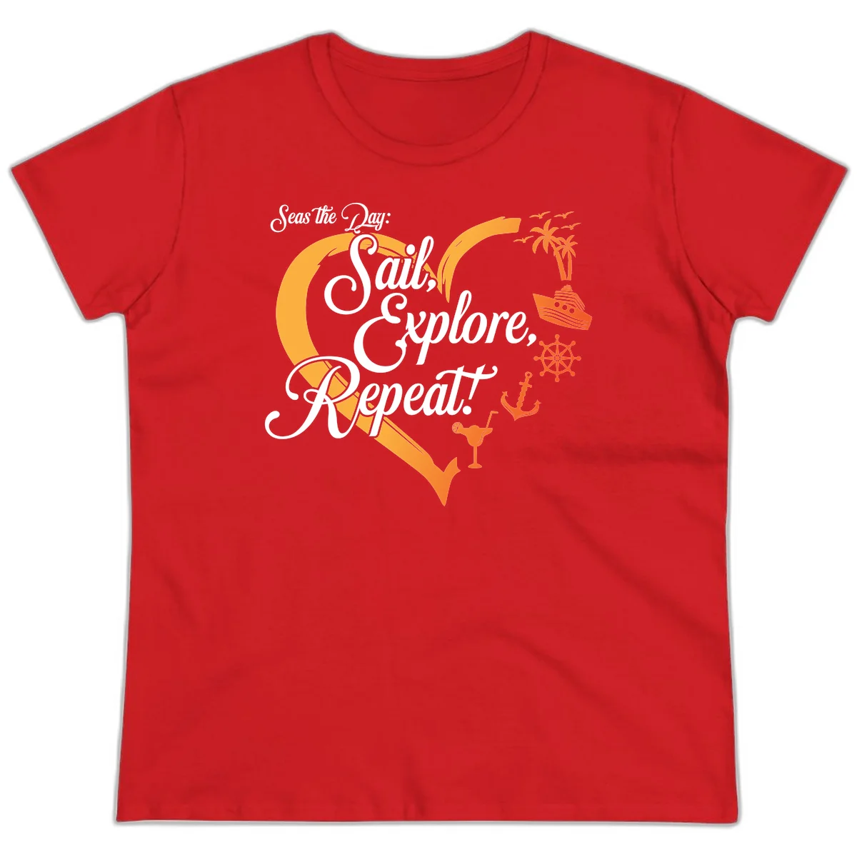 Seas The Day: Sail, Explore, Repeat Ladies Tee in Red
