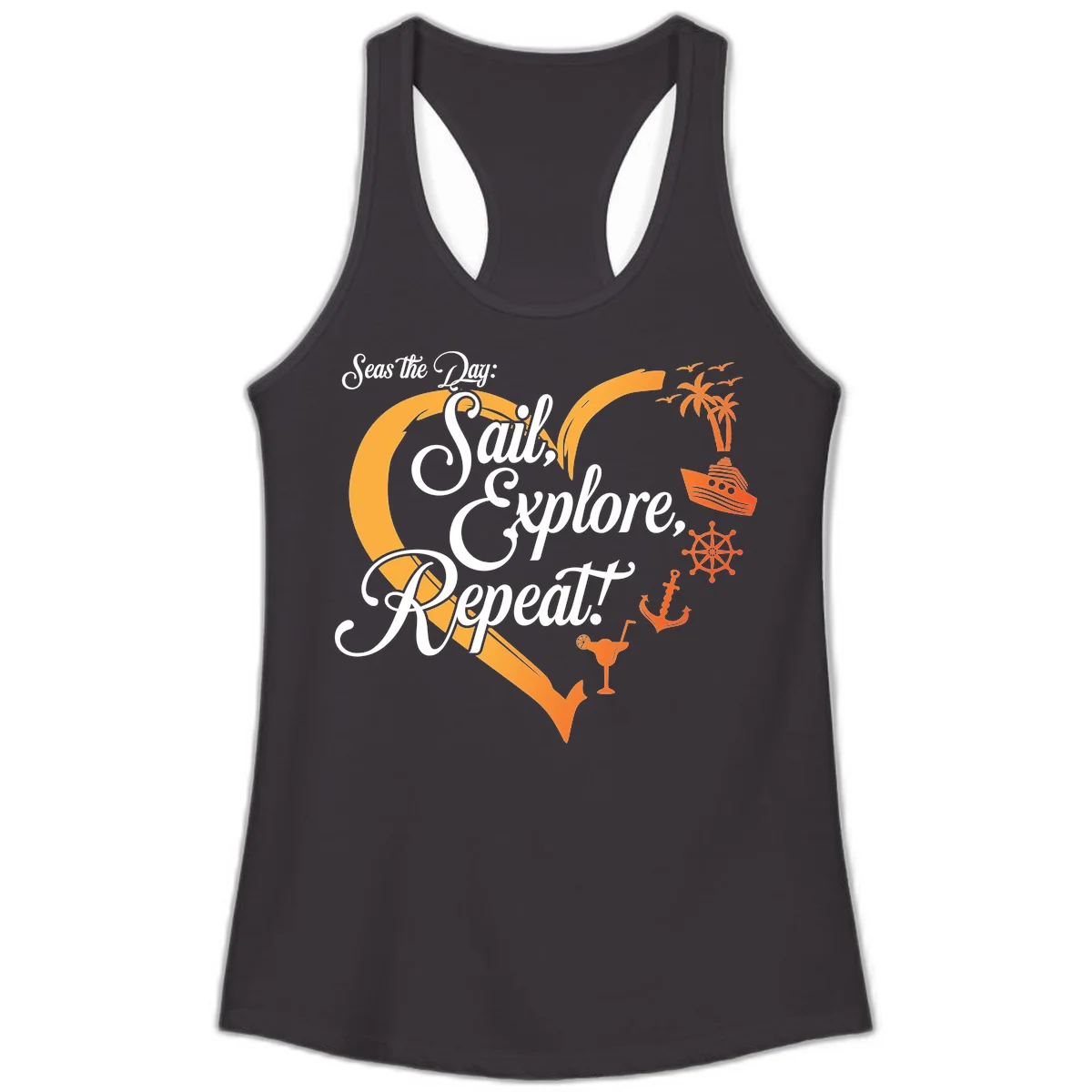 Seas The Day: Sail, Explore, Repeat Ladies Tank in Black