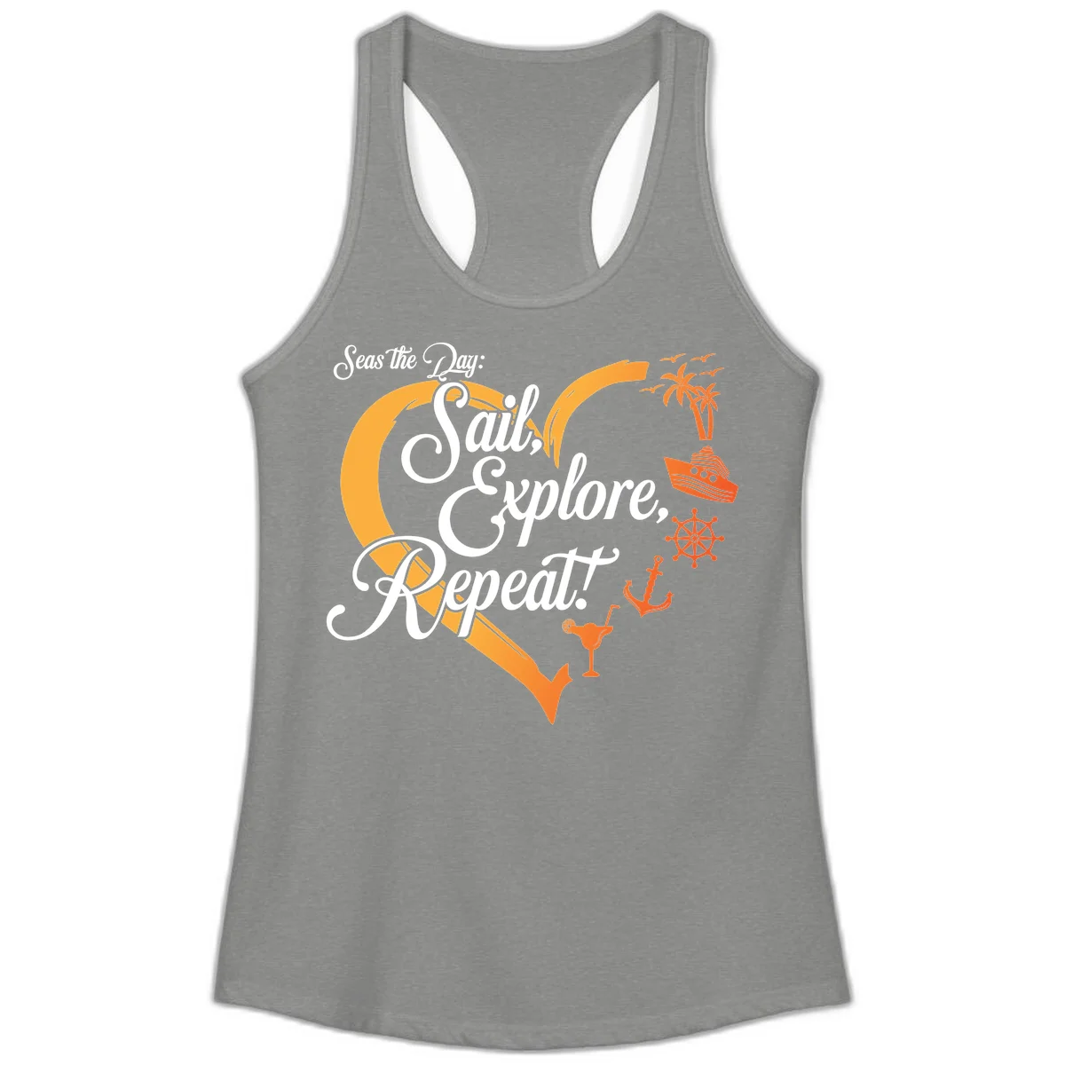 Seas The Day: Sail, Explore, Repeat Ladies Tank in Heather Grey
