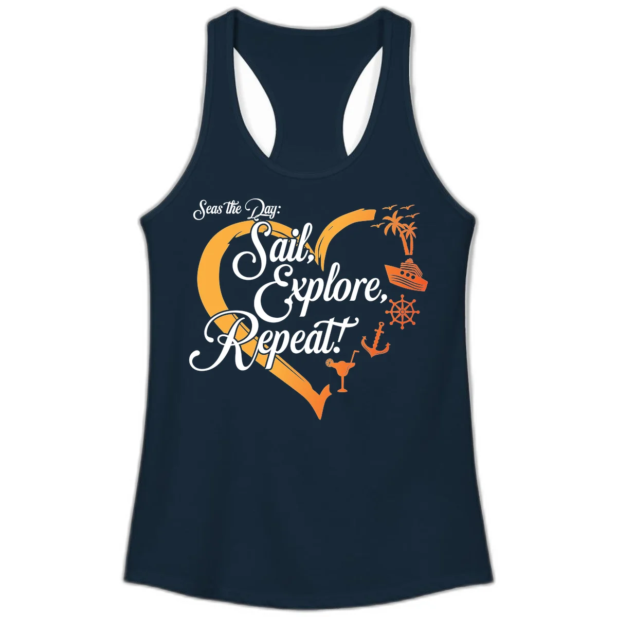 Seas The Day: Sail, Explore, Repeat Ladies Tank in Solid Midnight Navy