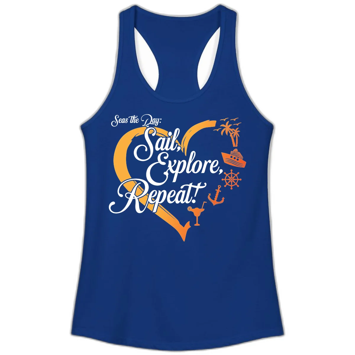 Seas The Day: Sail, Explore, Repeat Ladies Tank in Solid Royal
