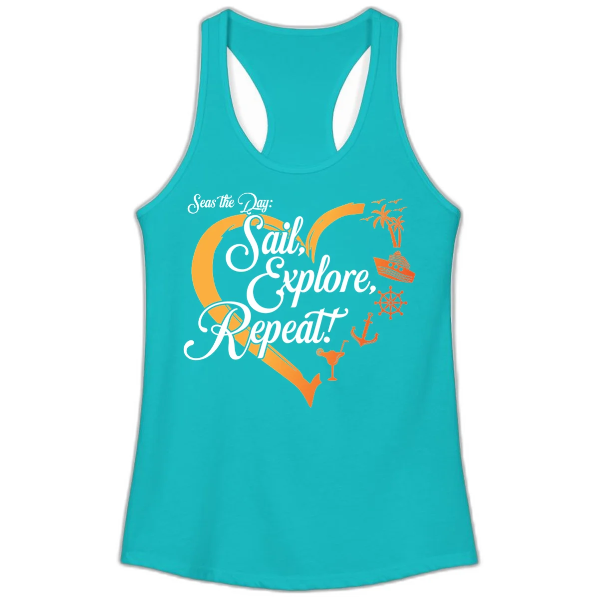 Seas The Day: Sail, Explore, Repeat Ladies Tank in Tahiti Blue