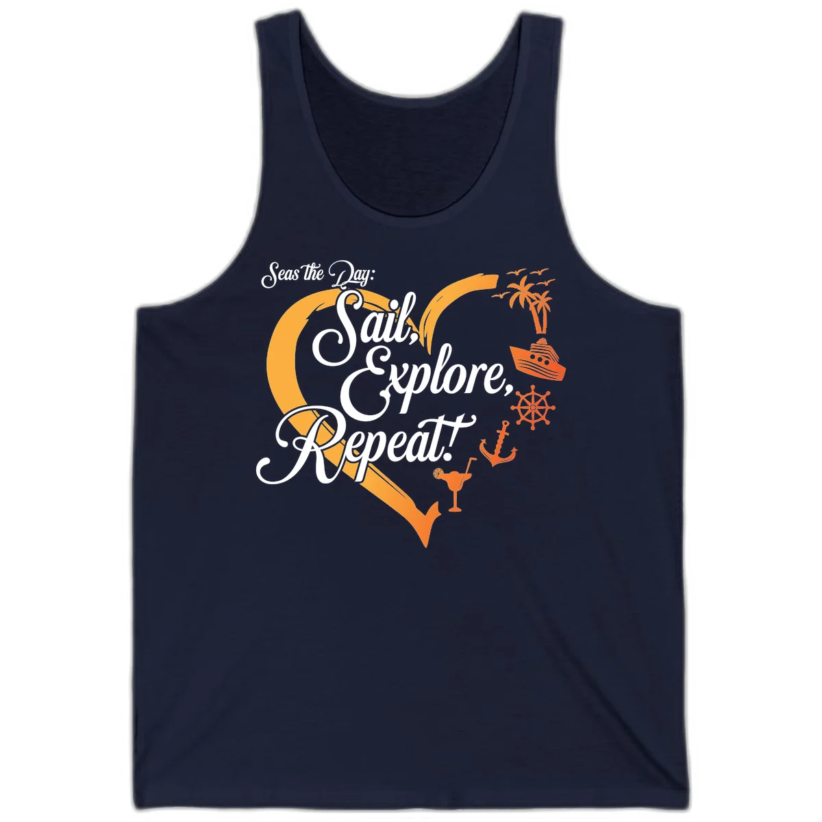 Seas The Day: Sail, Explore, Repeat Tank in Navy