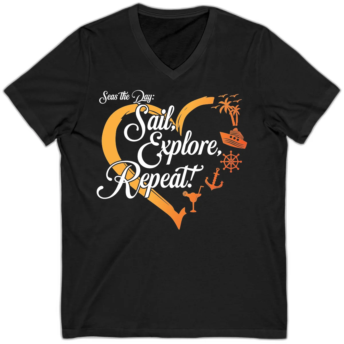 Seas The Day: Sail, Explore, Repeat V-Neck in Black