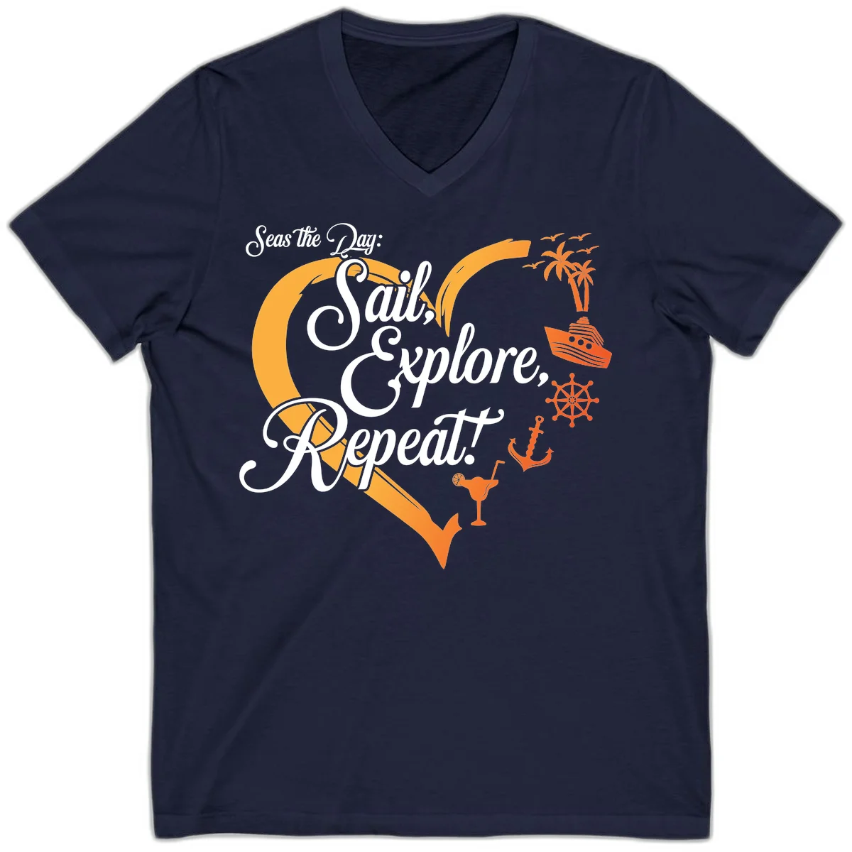 Seas The Day: Sail, Explore, Repeat V-Neck in Navy