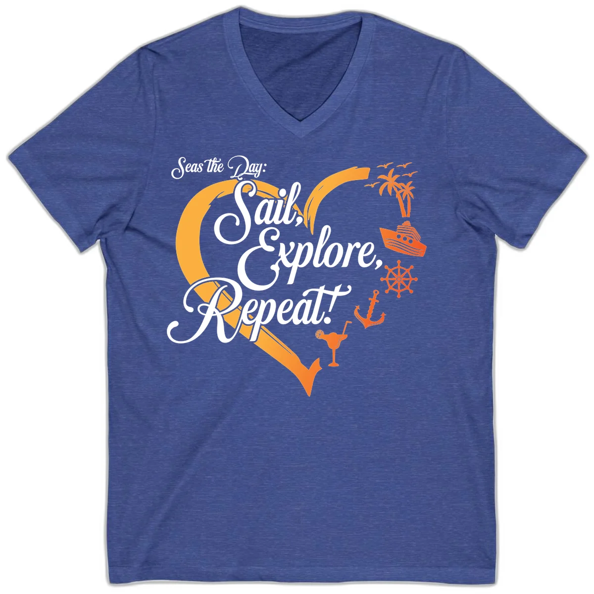 Seas The Day: Sail, Explore, Repeat V-Neck in Heather True Royal