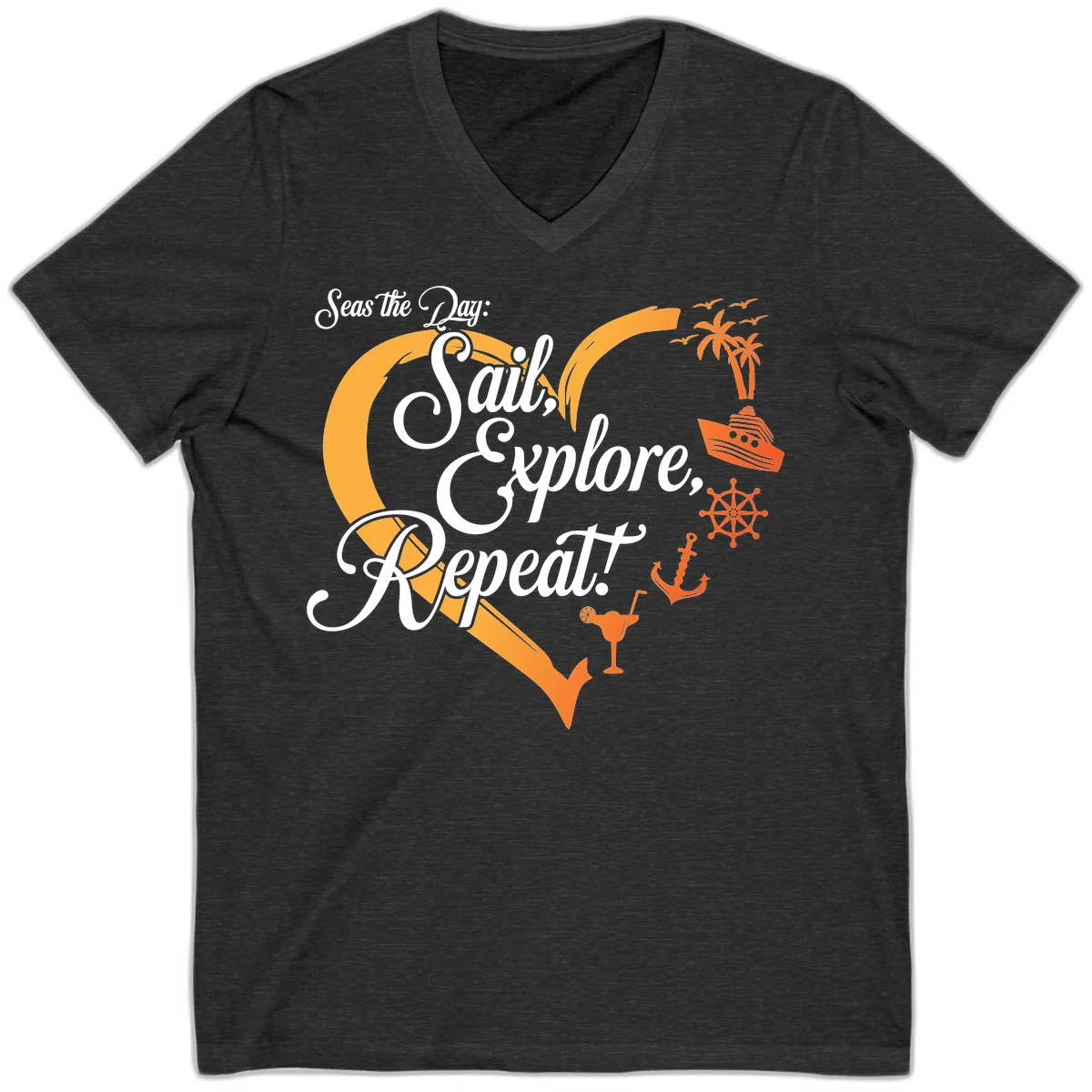 Seas The Day: Sail, Explore, Repeat V-Neck in Dark Grey Heather