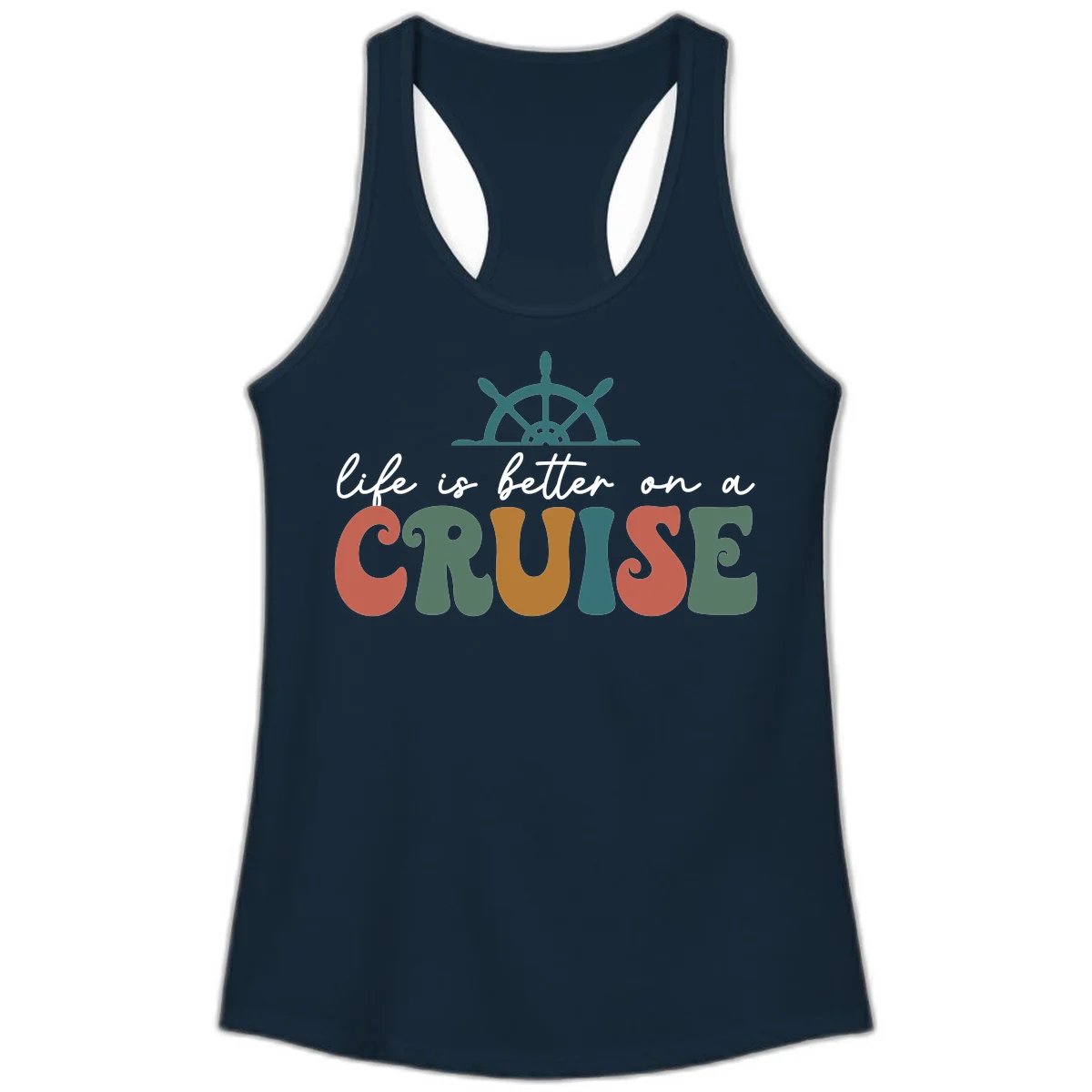 Life Is Better On A Cruise Racerback Tank in Solid Midnight Navy