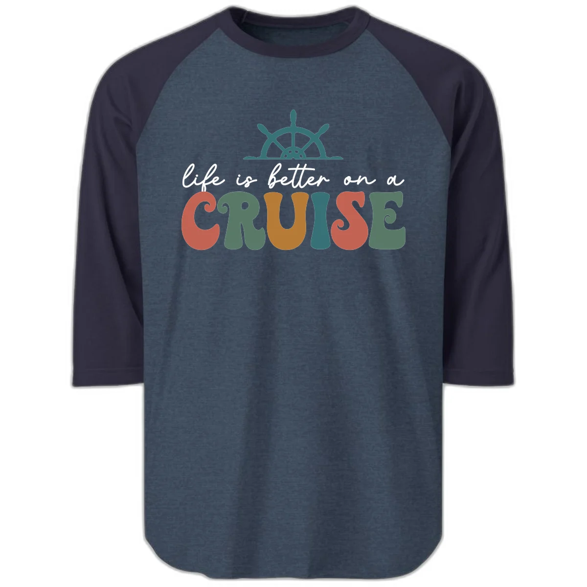 Life Is Better On A Cruise Raglan 3/4 Tee in Heather Denim Navy