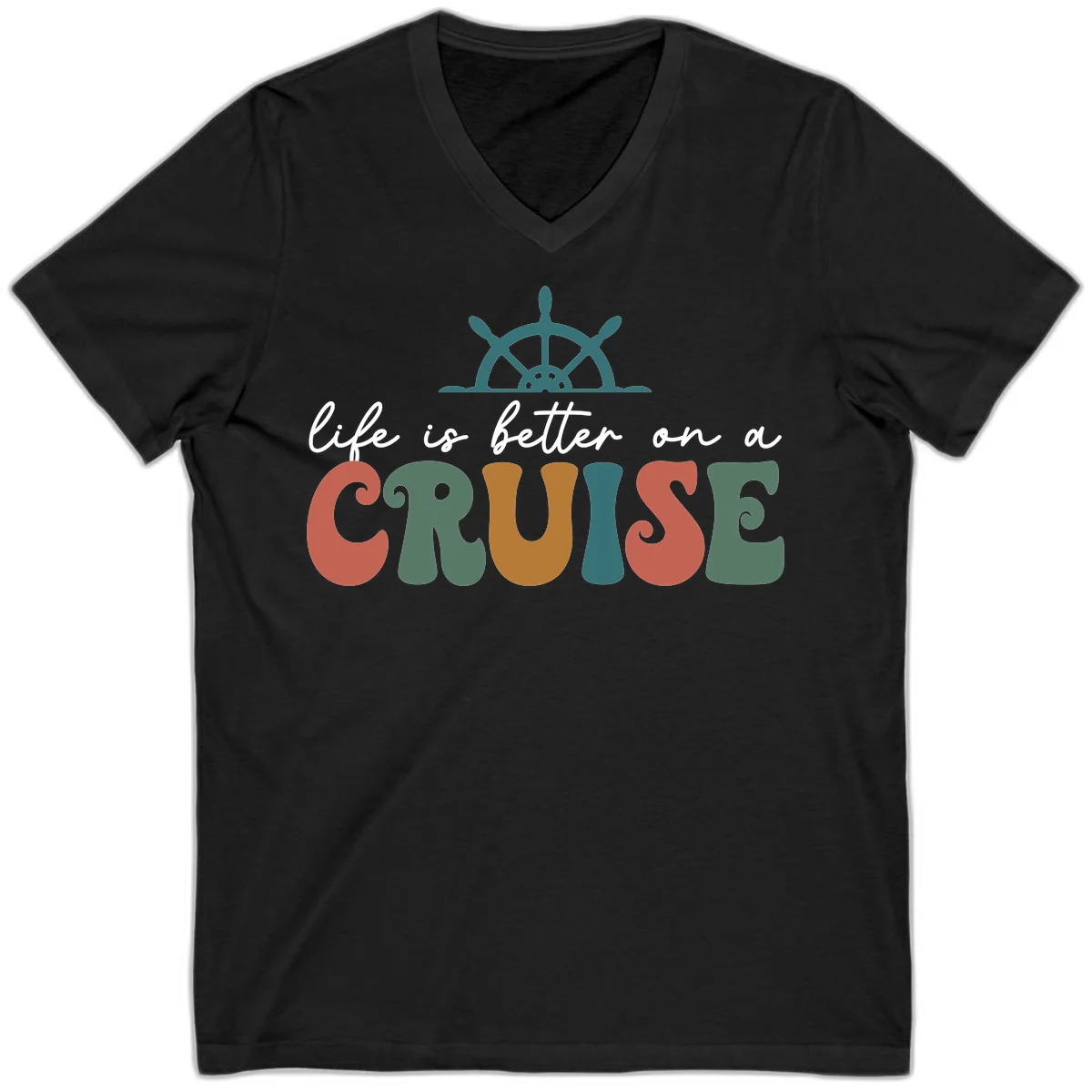Life Is Better On A Cruise Nautical V-Neck Tee in Black
