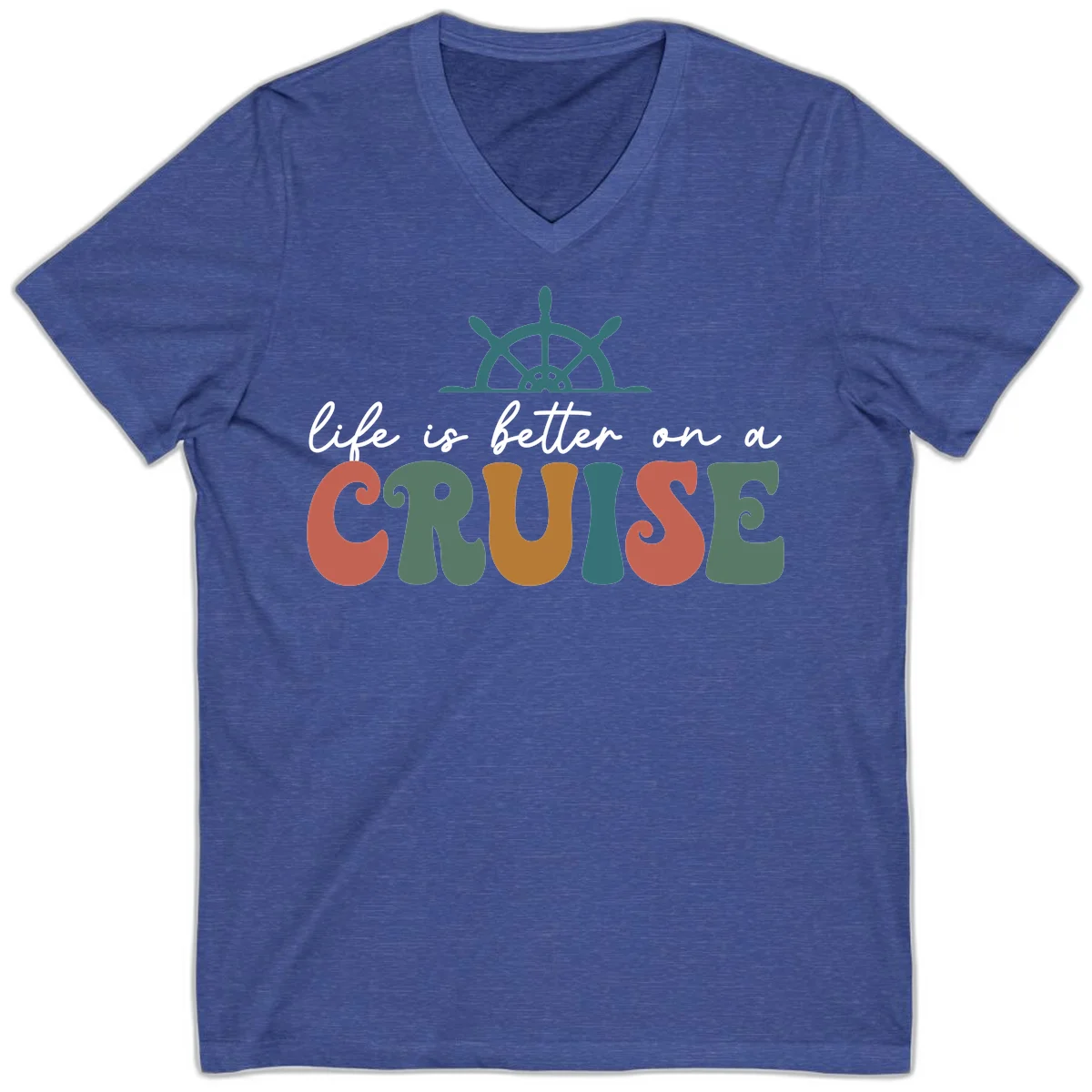 Life Is Better On A Cruise Nautical V-Neck Tee in Heather True Royal
