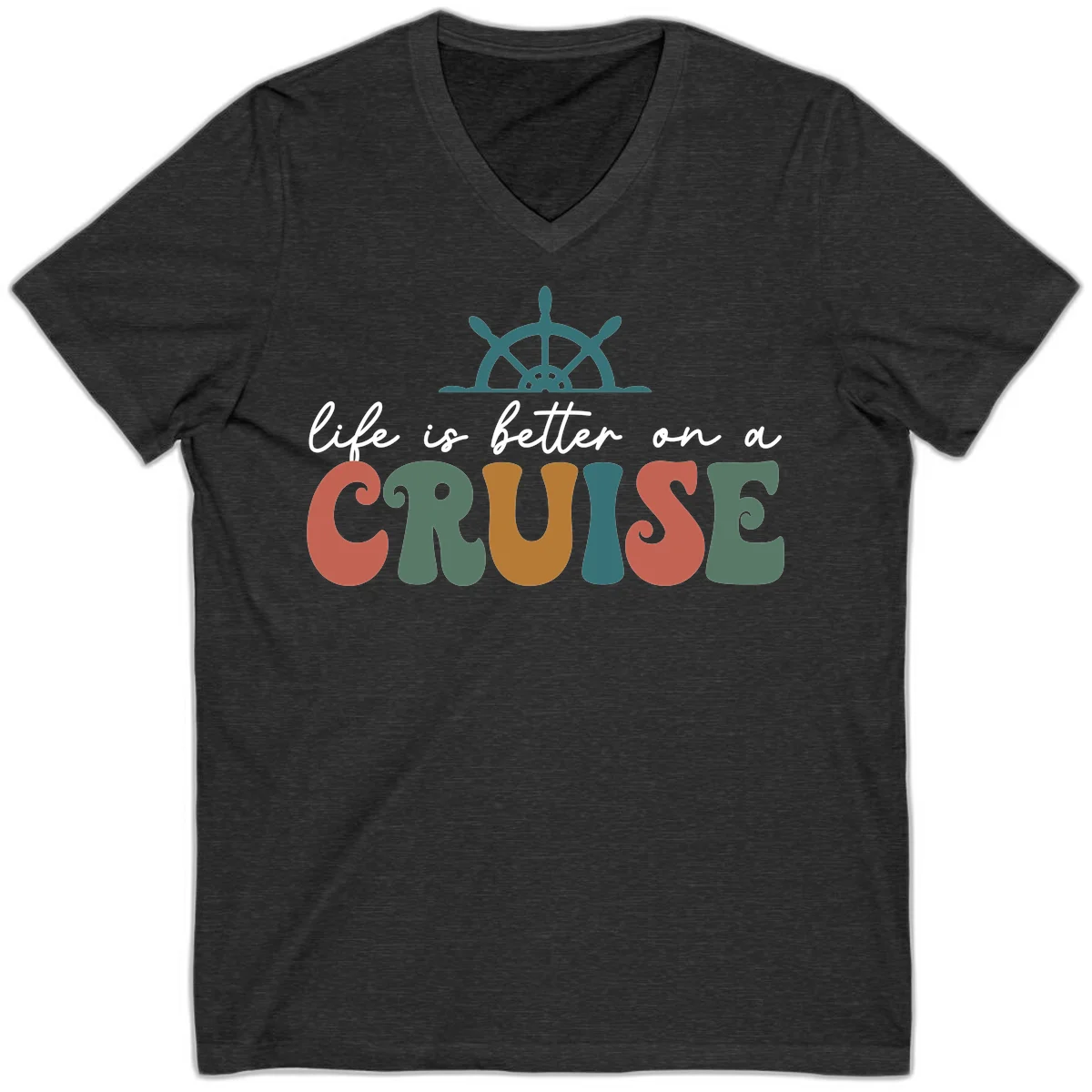 Life Is Better On A Cruise Nautical V-Neck Tee in Dark Grey Heather