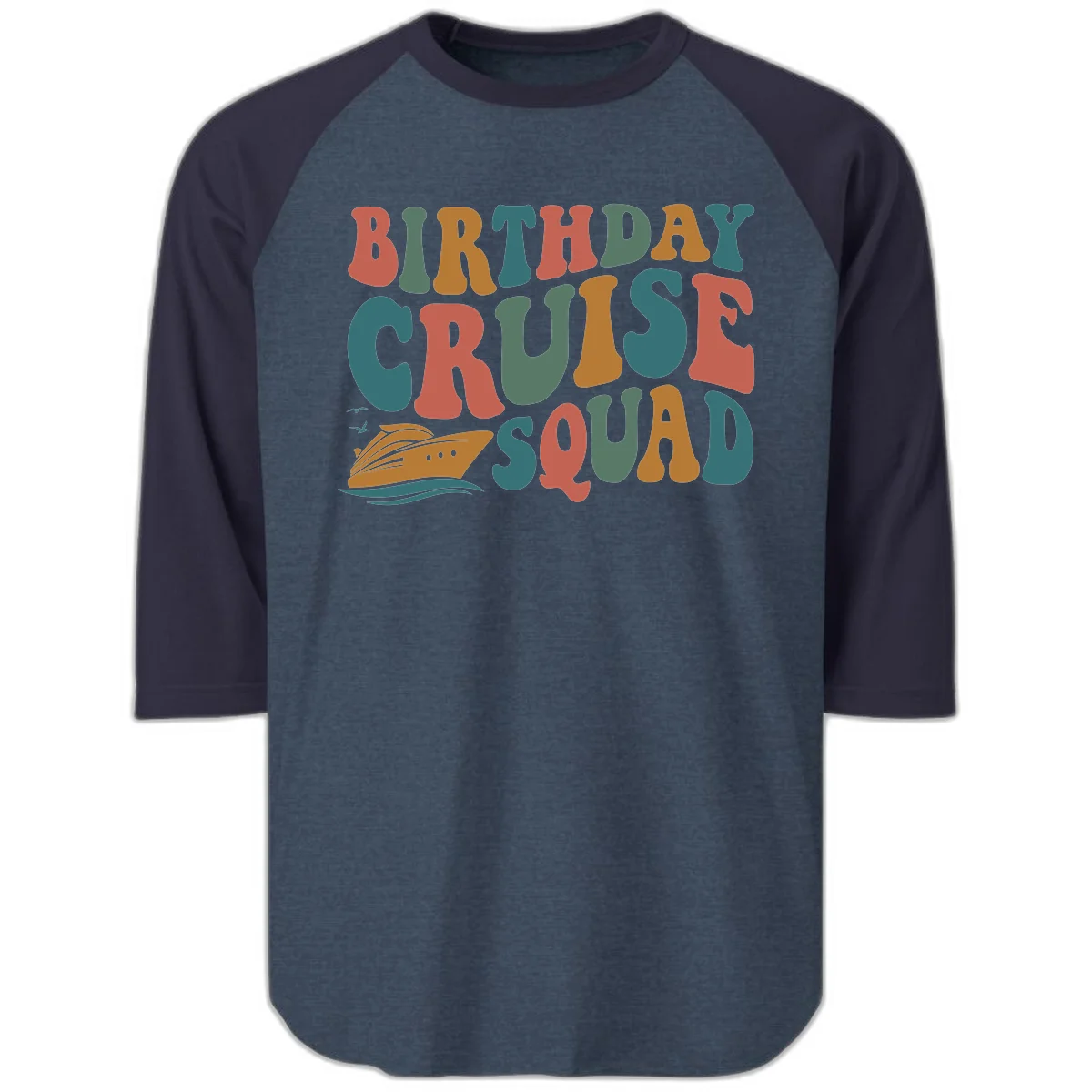 Birthday Cruise Squad Raglan 3/4 in Heather Denim Navy