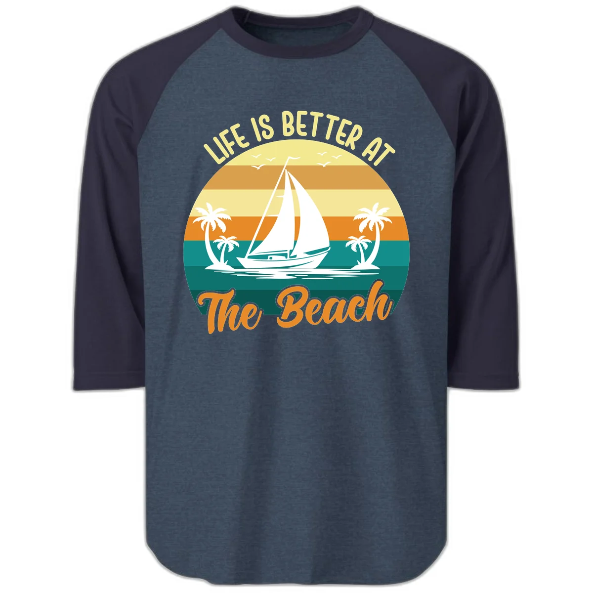 Life Is Better At The Beach Raglan 3/4 in Heather Denim Navy