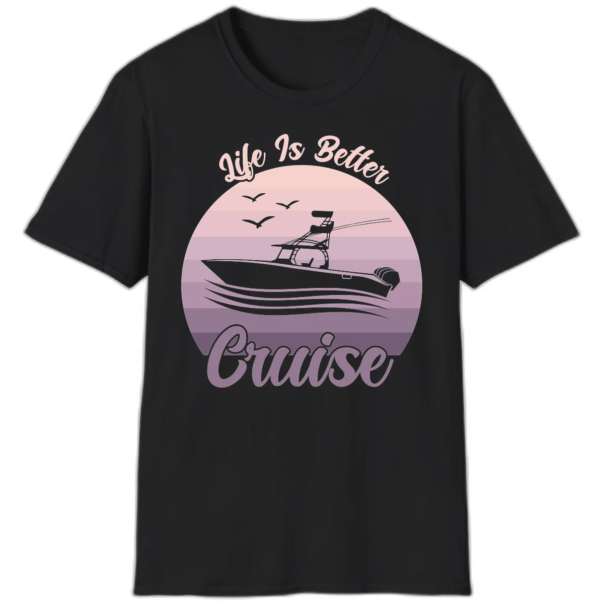 Life Is Better Boating Vintage Sunset T-Shirt in Black
