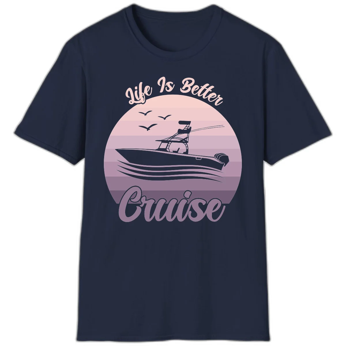 Life Is Better Boating Vintage Sunset T-Shirt in Navy