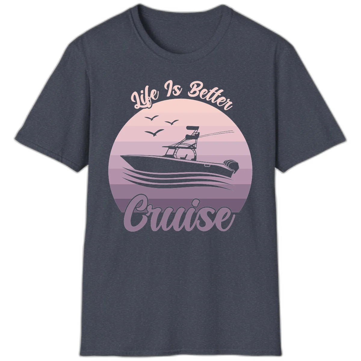 Life Is Better Boating Vintage Sunset T-Shirt in Heather Navy