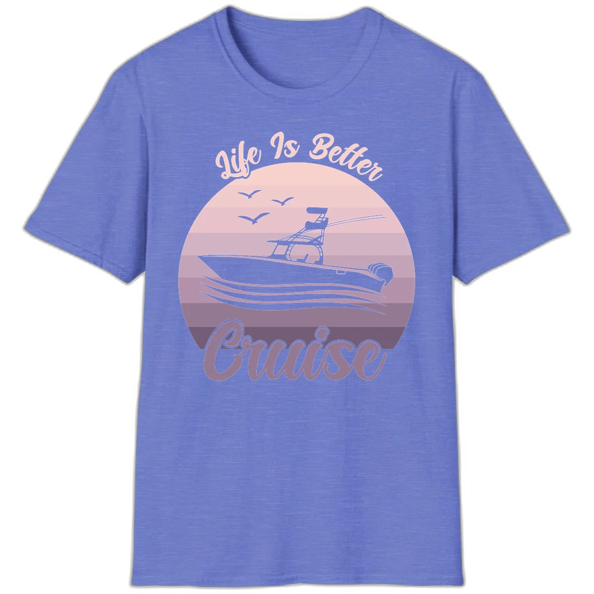Life Is Better Boating Vintage Sunset T-Shirt in Heather Royal