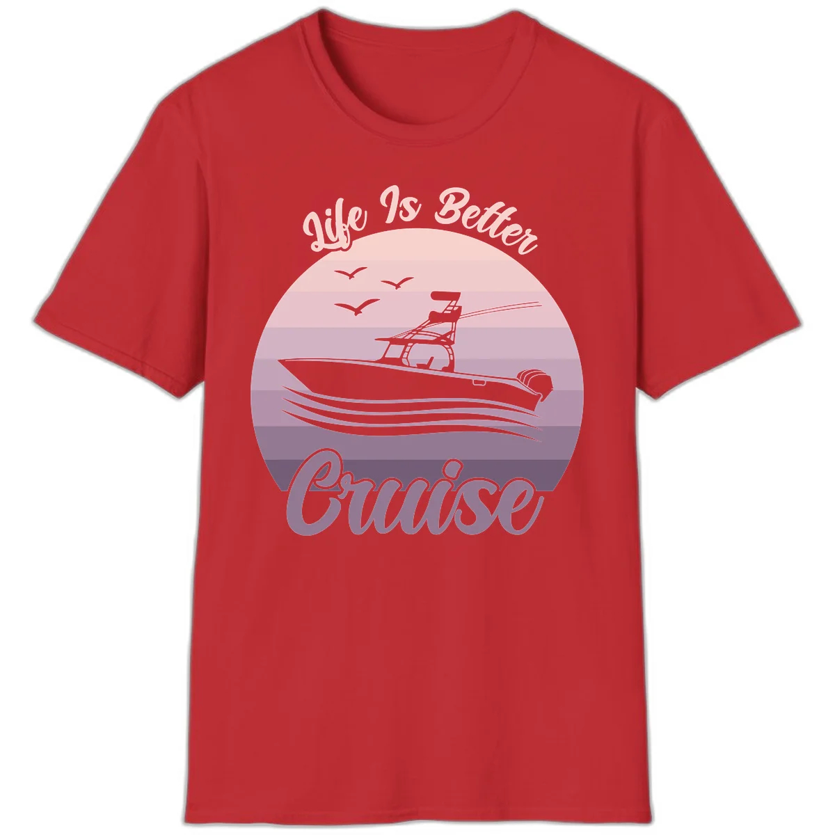 Life Is Better Boating Vintage Sunset T-Shirt in Red