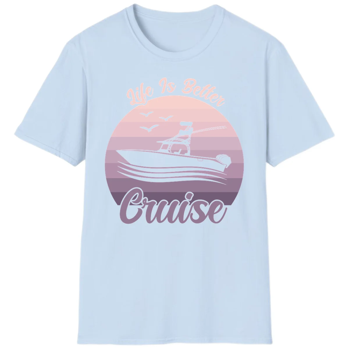 Life Is Better Boating Vintage Sunset T-Shirt in Light Blue